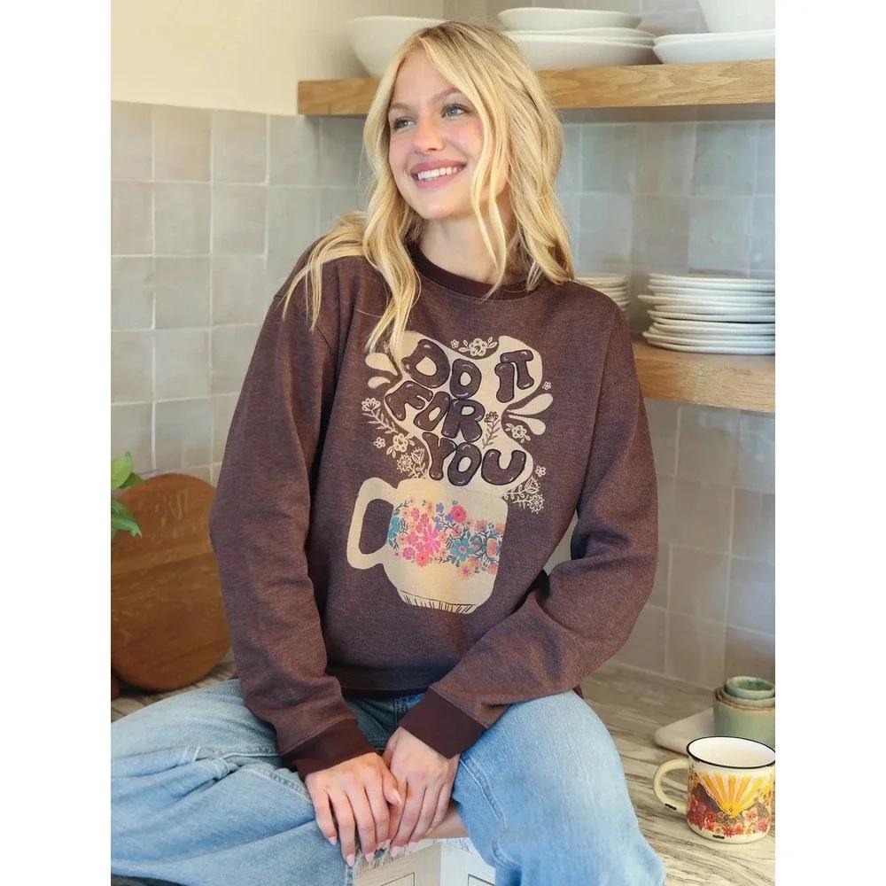 NEW Natural Life Do It For You Comfy Pocket Sweatshirt Floral Coffee Large Brown
